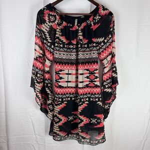 Live‎ 4 Truth Women's Sheer Boho Aztec Top Black Red Tan Size Small